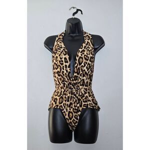 Unique Vintage Derek Swimsuit Size Small Leopard Print Deep V Pinup